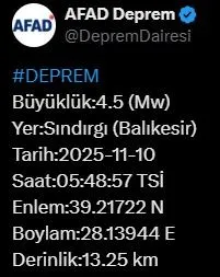 Balıkesir’de 4.5 büyüklüğünde deprem
