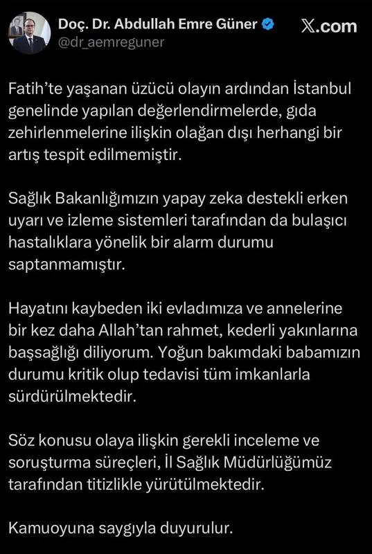 İstanbul İl Sağlık Müdürü Güner’den gıda zehirlenmesi açıklaması
