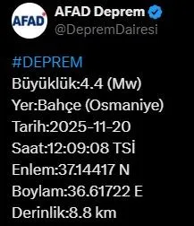 Osmaniye’de 4.4 büyüklüğünde deprem
