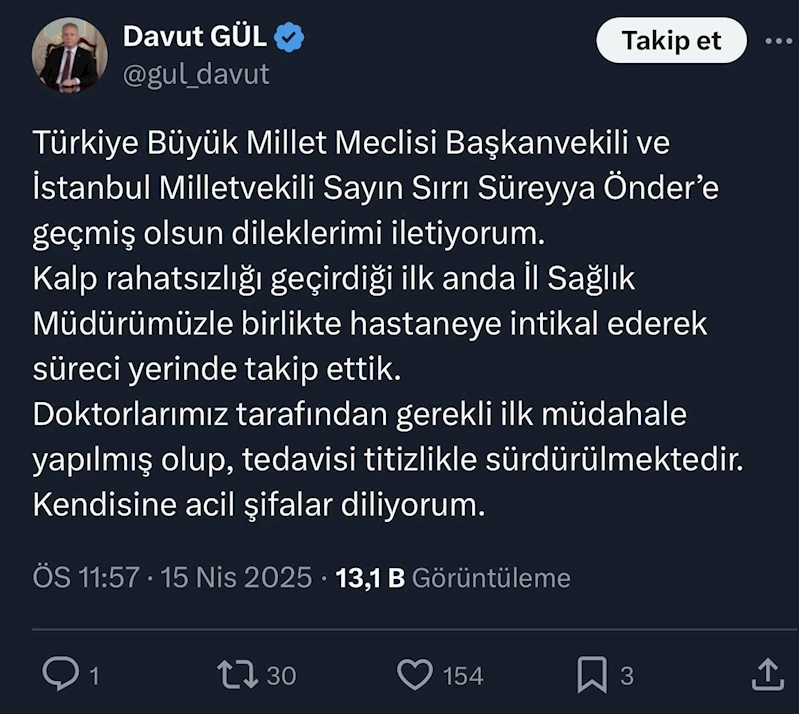 İstanbul Valisi Davut Gül, Sırrı Süreyya Önder’in durumu hakkında paylaşımda bulundu

