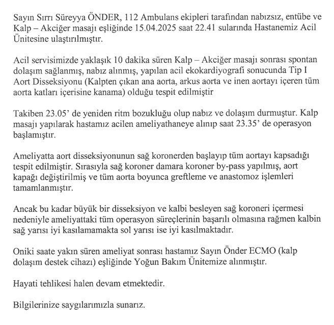 Hastaneden Sırrı Süreyya Önder’in sağlık durumuna ilişkin açıklama
