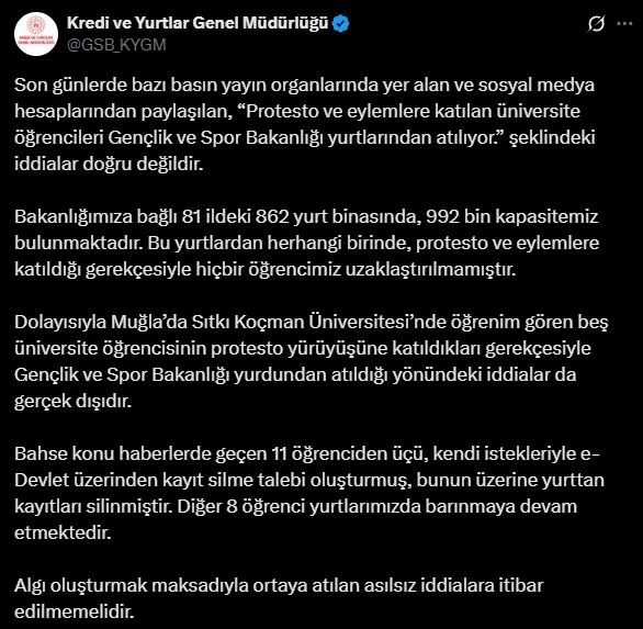 Eylemlere katılan gençlerin yurttan atıldığı iddiasına KYK’dan yalanlama
