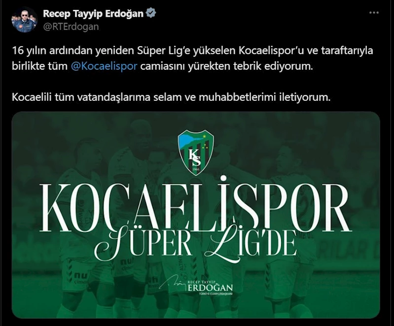 Cumhurbaşkanı Erdoğan’dan Kocaelispor’a tebrik
