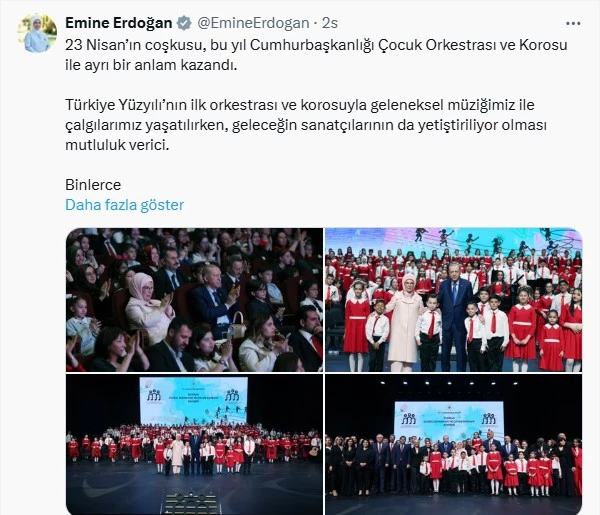 Emine Erdoğan’dan Cumhurbaşkanlığı Çocuk Orkestrası ve Korosu paylaşımı
