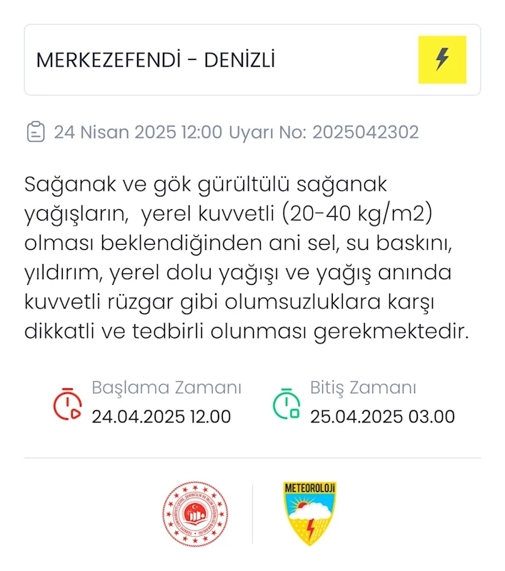Denizli için sağanak yağış uyarısı
