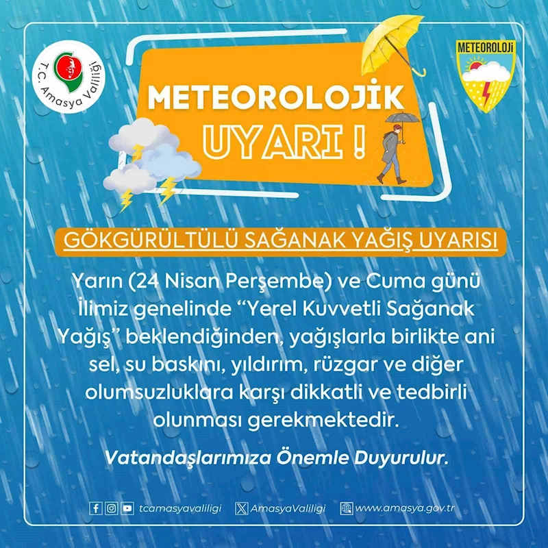 Amasya için kuvvetli yağış uyarısı
