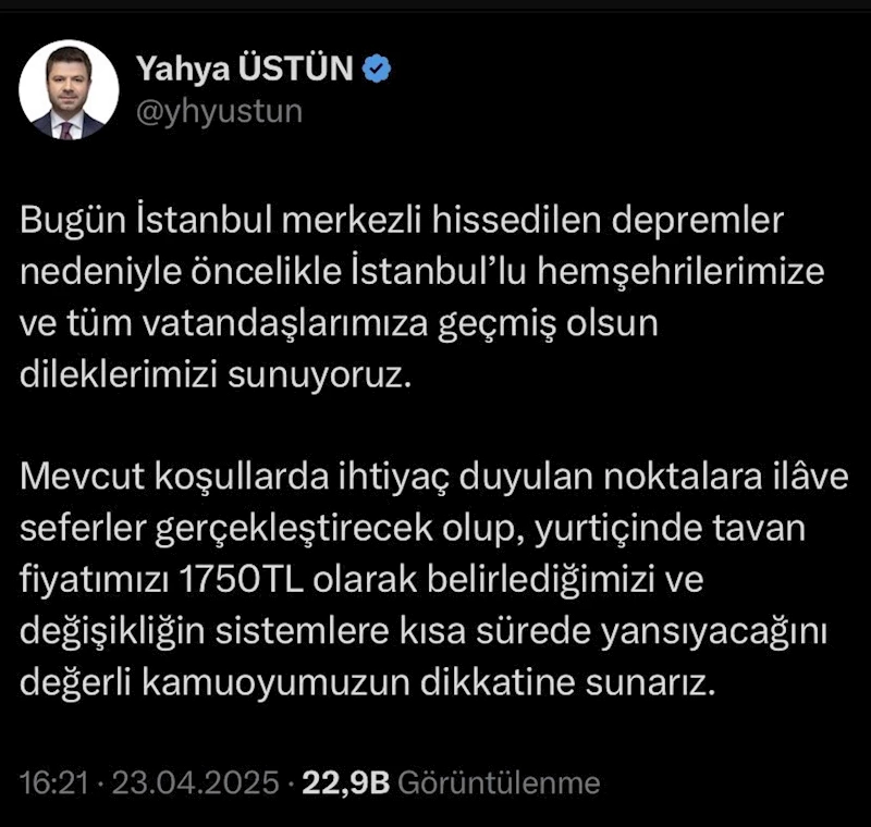THY’den deprem sonrası bilet düzenlemesi
