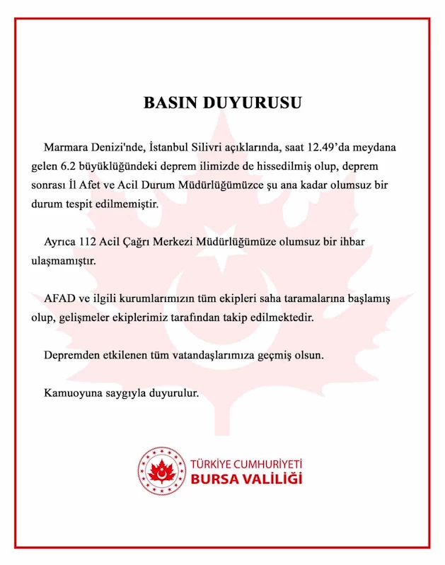 Depremle ilgili Bursa Valiliği’nden açıklama
