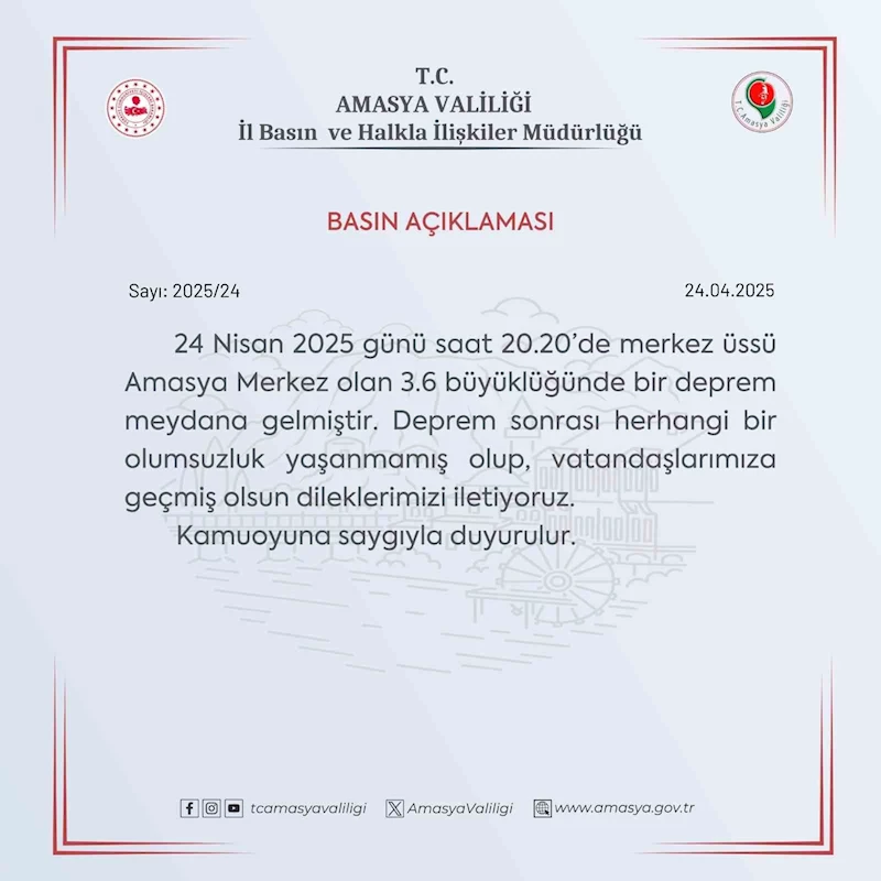 Amasya Valiliğinden deprem sonrası açıklama: 