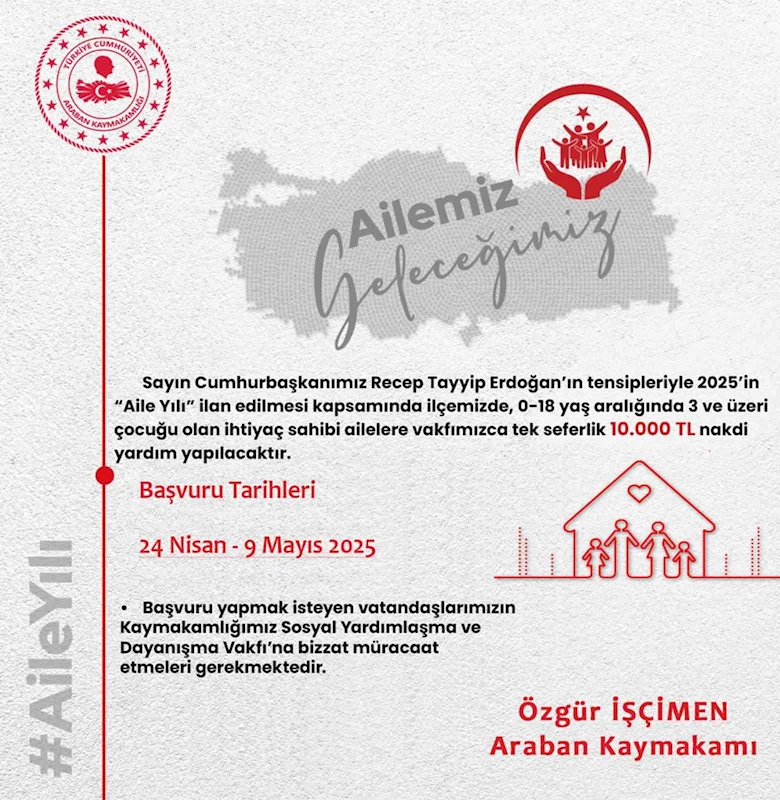 Araban’da ihtiyaç sahibi ailelere 10 bin TL nakdi yardım yapılacak
