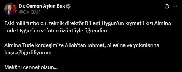 Bakan Bak’tan, Bülent Uygun’un kızı için taziye mesajı
