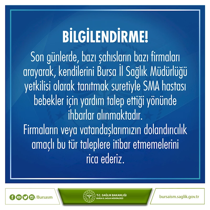 Bursa İl Sağlık Müdürlüğü’nden dolandırıcılık uyarısı
