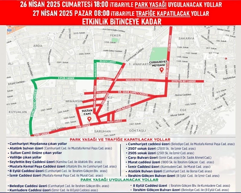 Manisa’da çok sayıda yol ve sokak trafiğe kapatılacak
