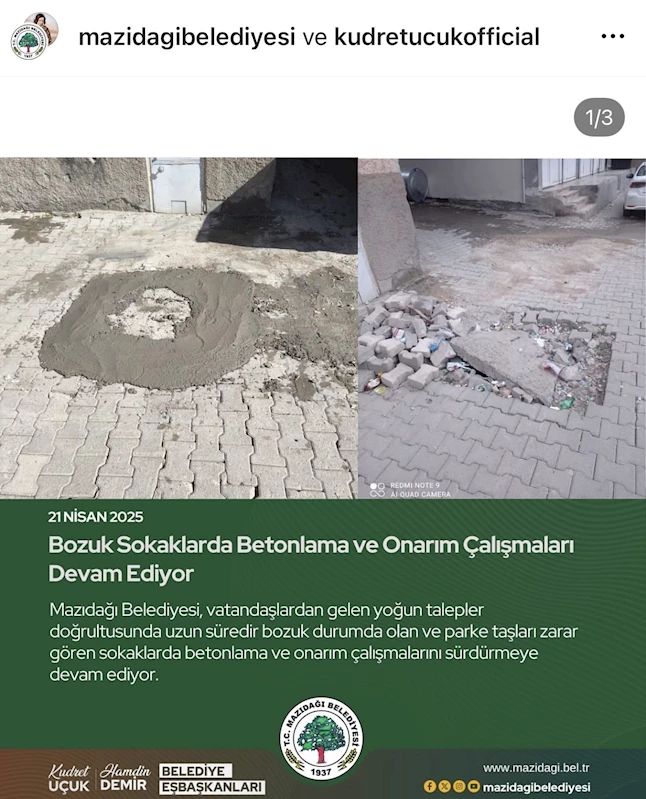 Mazıdağı Belediyesi, bir metrekarelik alanı onarıp dev hizmet sunmuş gibi sosyal medyada paylaştı
