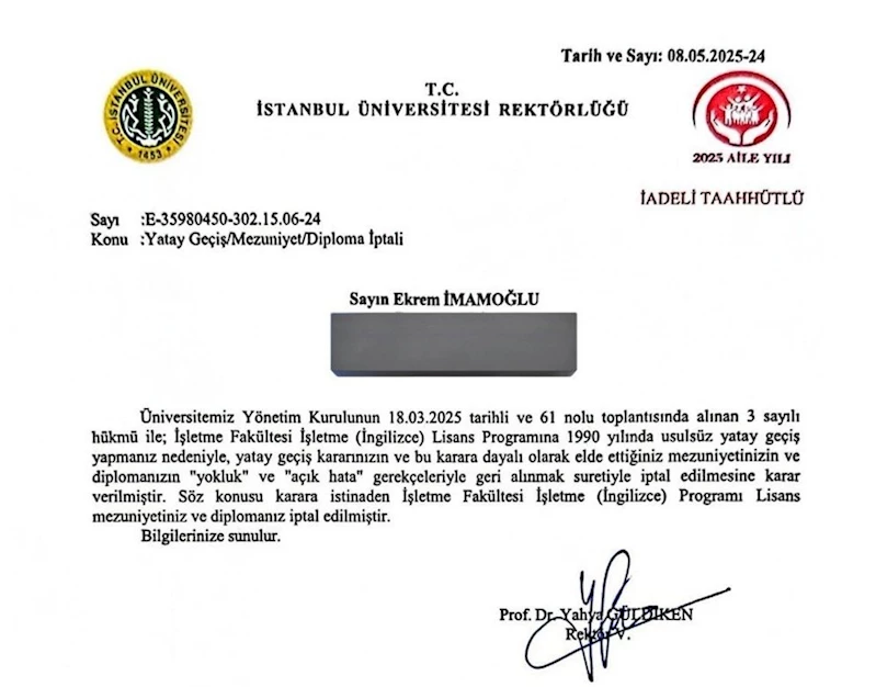 İmamoğlu’nun diplomasının iptali İstanbul Üniversitesi tarafından tebliğ edildi
