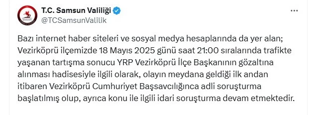 YRP Vezirköprü İlçe Başkanının gözaltına alındığı olayla ilgili adli ve idari soruşturma başlatıldı
