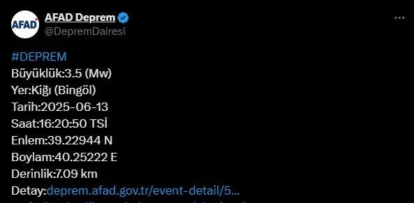 Bingöl’de 3.5 büyüklüğünde deprem
