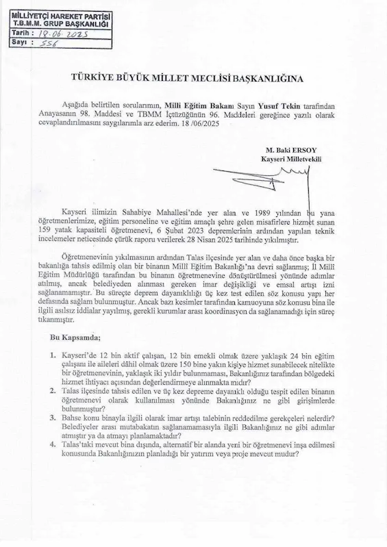 Baki Ersoy’dan ‘Kayseri Öğretmenevi’ için soru önergesi
