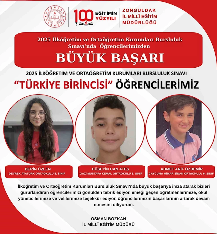 Zonguldaklı öğrenciler bursluluk sınavında Türkiye birincisi oldu
