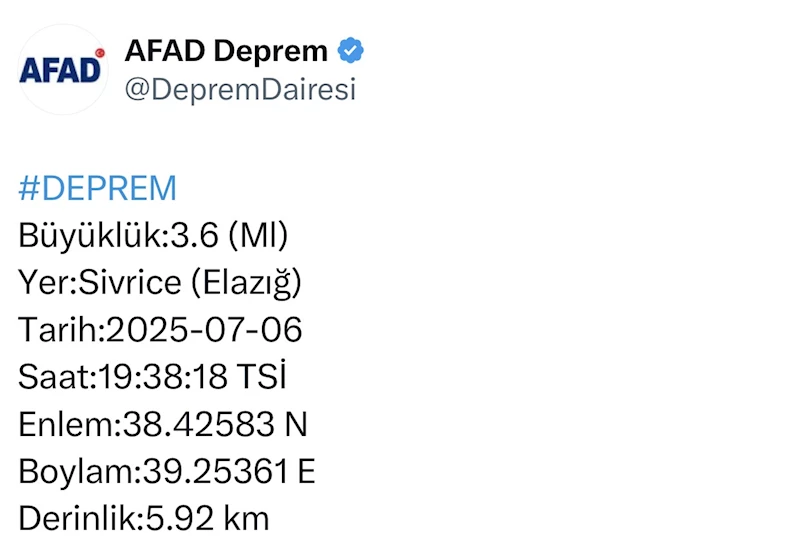 Elazığ’da 3.6 büyüklüğünde deprem
