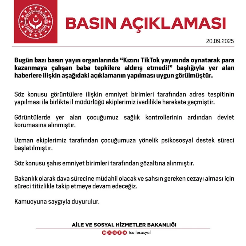 Aile ve Sosyal Hizmetler Bakanlığı Tiktok’ta dans ettirilen kızı devlet korumasına aldı
