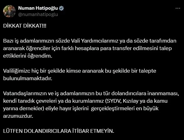 Vali Hatipoğlu’ndan dolandırıcılık olaylarına karşı uyarı
